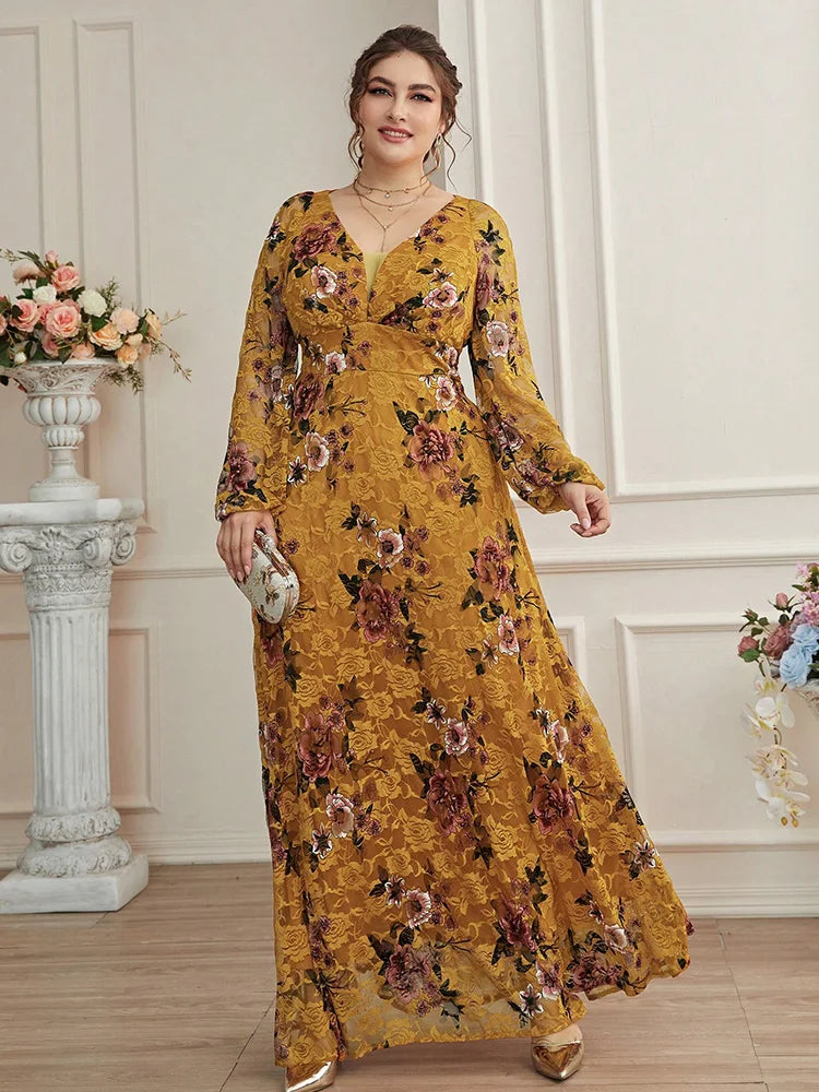 Spring Summer Lace Mesh Floral Print Lantern Sleeve Dress New Plus Size