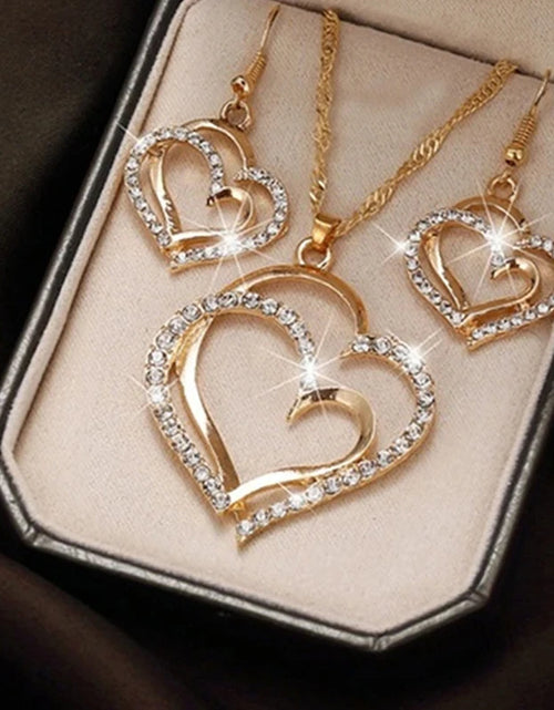Load image into Gallery viewer, 3 Pcs Set Heart Shaped Jewelry Set Of Earrings Pendant Necklace For Women Exquisite Fashion Rhinestone Double Heart Jewelry Set