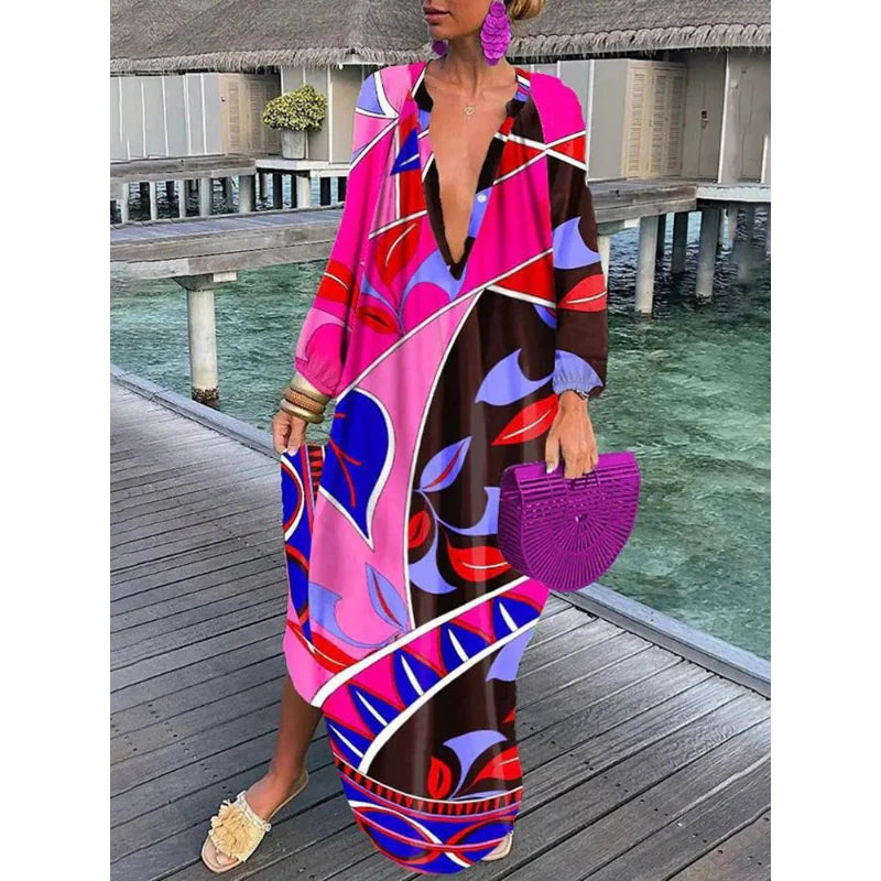 Women Sexy Deep V-Neck Maxi Dresses Bohemian Style With Lantern Sleeves  Long Dress  Vintage
