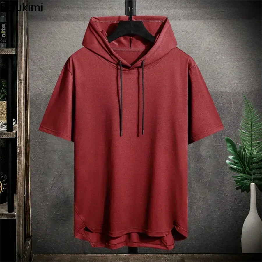 2025 Men's Summer Hoodies T-shirts Short Sleeve Solid Color Loose Hooded Drawstring Pullover Tops