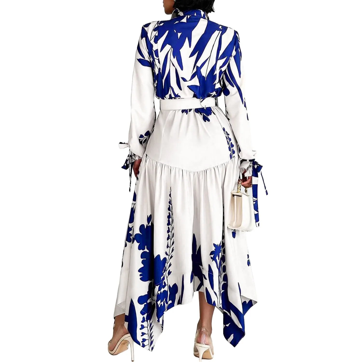 Elegant Dresses for Woman Turn Down Collar Single Breasted Belt Waisted Ankle Length Asymmetric  Dress