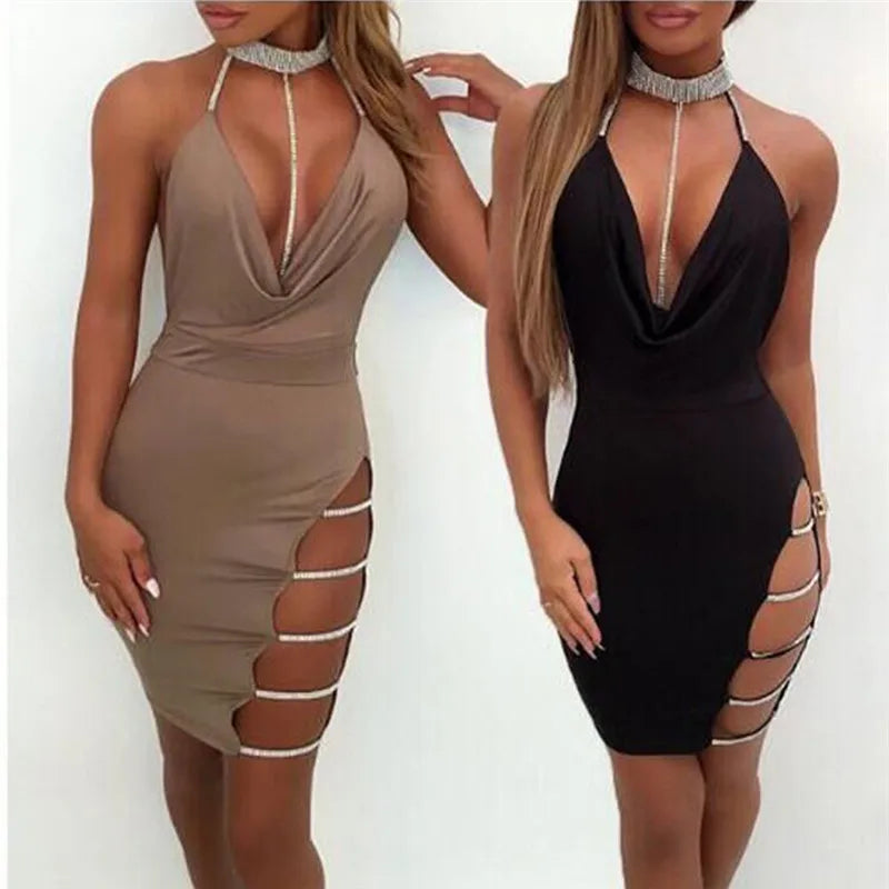 Sexy Deep V Neck Low-cut Side Split Silver Collar Bodycon Dress Women Elegant Backless Sleeveless Mini Dress