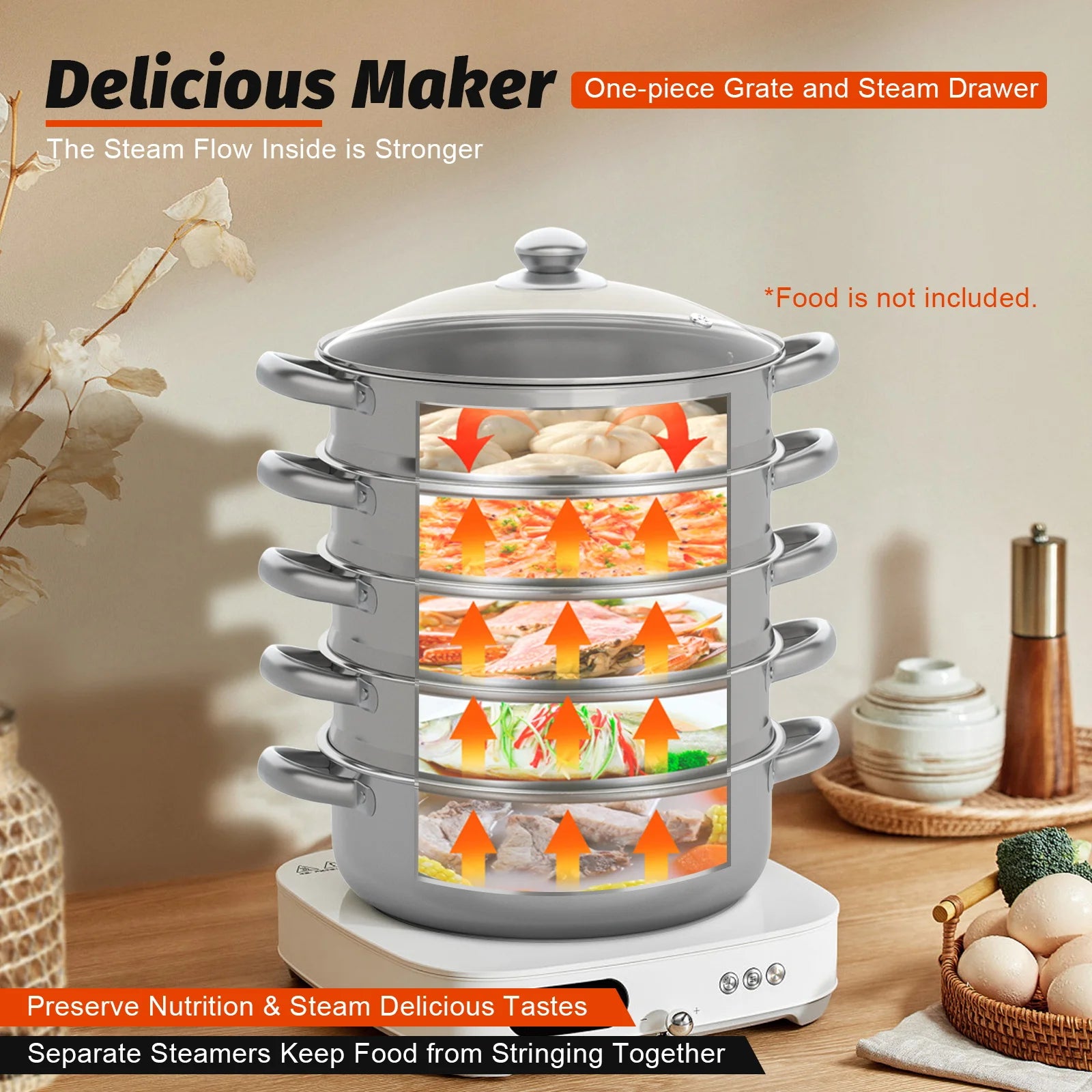 5-Layer Stainless Steel Thick Steam Pot Large-Capacity Universal Cooking Steamer Pot for Healthy Food Cooking