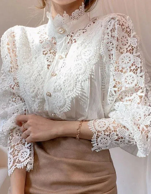 Load image into Gallery viewer, Women's Floral Blouse Spring Hollow out Lace Stand Collar Button up Loose Fit Casual Shirt in Apricot Black White Purple