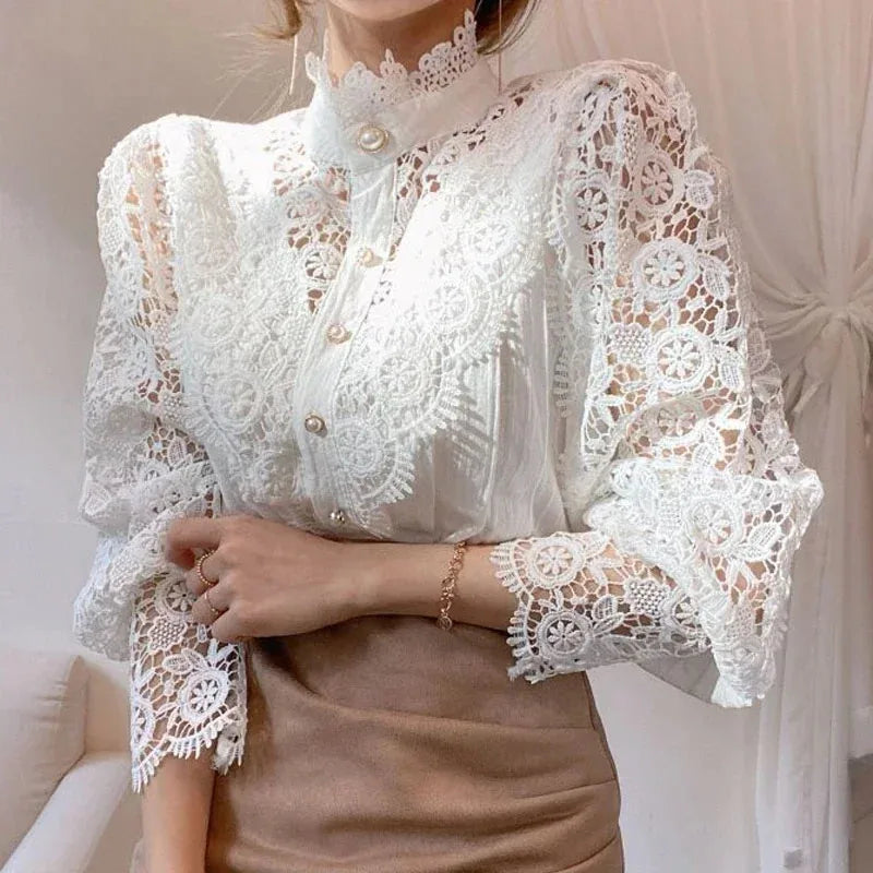 Women's Floral Blouse Spring Hollow out Lace Stand Collar Button up Loose Fit Casual Shirt in Apricot Black White Purple