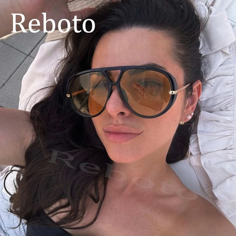 Fashion Punk Big Pilot Sunglasses Women Luxury 2025 Oversized Double Bridge Hollow Black Yellow Glasses Ladies Metal Female