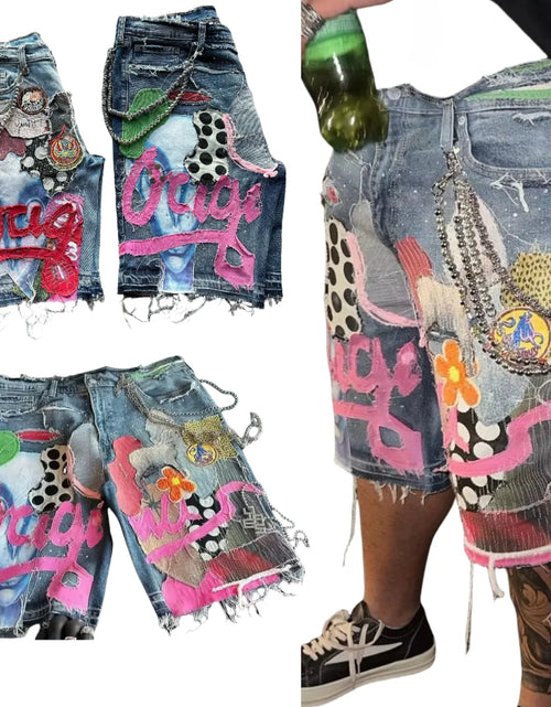 Load image into Gallery viewer, Skull Letter Pattern Patchwork Shorts Men Streetwear Pants Hip Hop Fashion Denim Shorts
