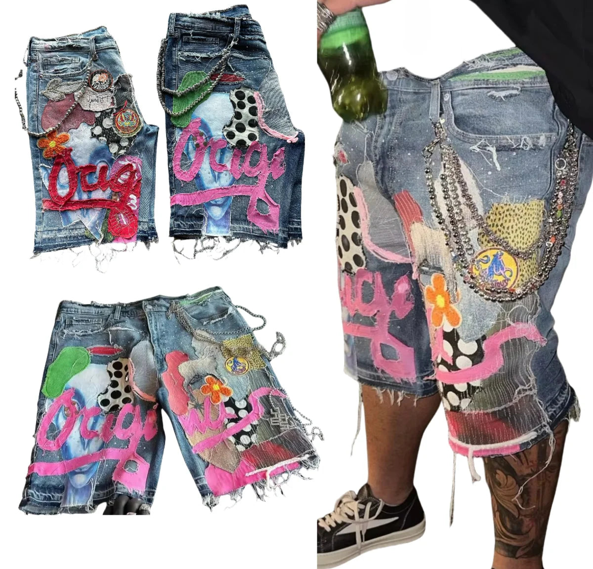 Skull Letter Pattern Patchwork Shorts Men Streetwear Pants Hip Hop Fashion Denim Shorts