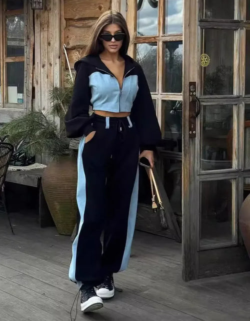 Load image into Gallery viewer, Casual Contrast Hoodies Pants Sets Women Slim Zipper Short Hooded Coats Lace Up Wide Leg Tracksuit
