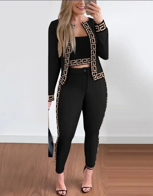 Load image into Gallery viewer, Women  3 Piece Set Plaid Print Crop Top & Pants Set With Coat Fashion Casual Elegant