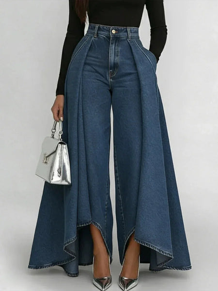 New Women's High Waist Casual Wide Leg Jeans Overlay Flare Denim Pants with Pockets Fashionable Baggy Jeans