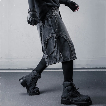 2026 Summer Washed Vintage Punk Jean Shorts With Small Pouch Style Metal Eyelets Spliced Denim Shorts