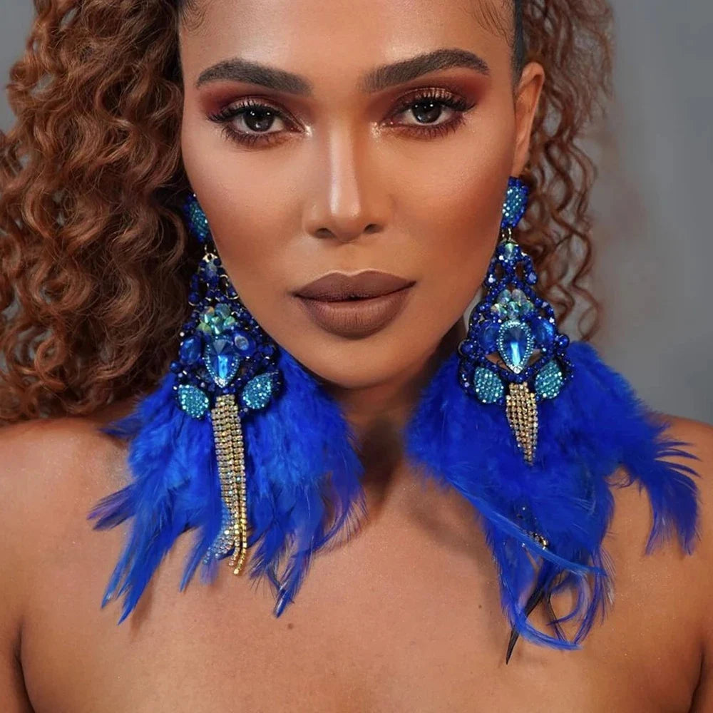 Bo ho Electric Blue Feather Tassel Dangling Earrings