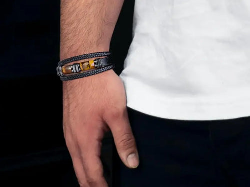 Load image into Gallery viewer, Tiger Eye Black Leather Bracelet Men Natural Gemstone Crystal Stone Jewelry Handmade Courage Stress Relief Protection Bracelet
