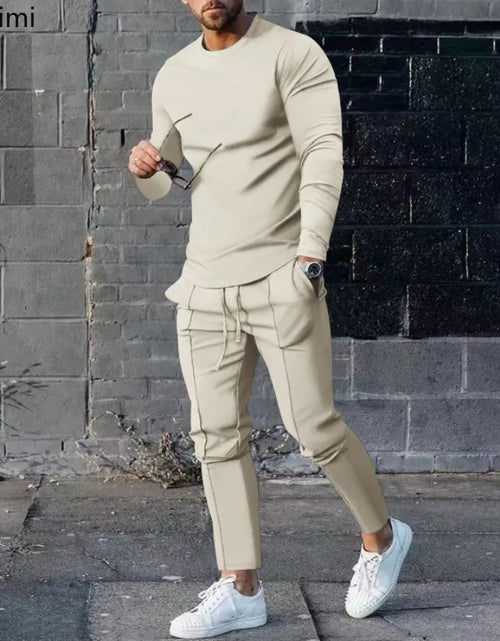 Load image into Gallery viewer, 2025 Spring New Men's Casual Sport Two-pieces Fashion Solid Long Sleeve O-neck T-shirt and Sweatpants Suits Men Tracksuit Outfit