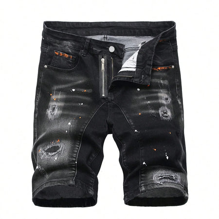 Men's Summer Ripped Denim Shorts Straight Stretch Casual Thin Knee-Length Trousers Fashion Brand Daily Wear Zip Fly Cotton Blend