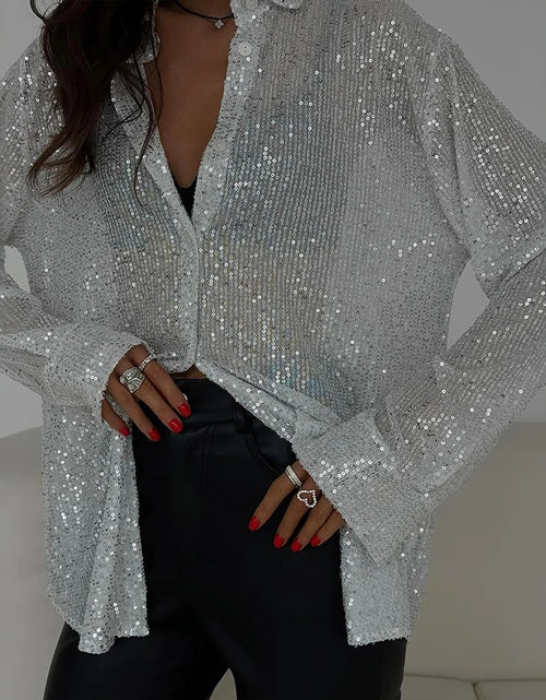 Load image into Gallery viewer, Women's Shirts  All Season Party Fashion Shiny  Single Breasted Button Long Sleeve Shirt Collar Shirts
