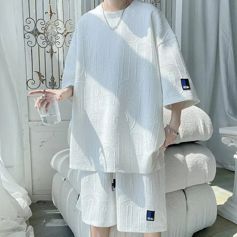2025 Men's New Waffle Summer Suit  Casual shirt + Shorts  Loose Fit