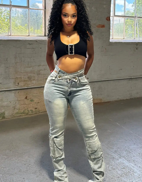 Load image into Gallery viewer, Women's High Waist Cargo Pants Multi Pockets Elegant Streetwear Denim Casual Blue Jeans Full Length S-XL