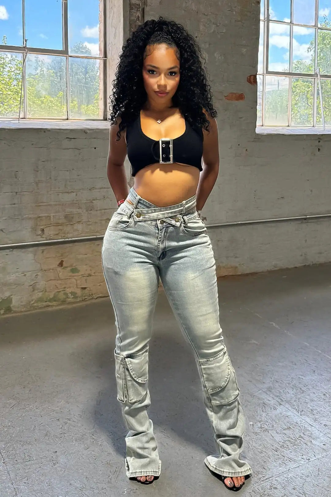 Women's High Waist Cargo Pants Multi Pockets Elegant Streetwear Denim Casual Blue Jeans Full Length S-XL