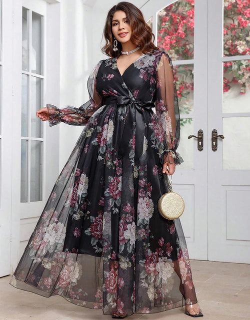 Load image into Gallery viewer, 2025 New Spring Women's Casual Elegant Long Sleeve Party Maxi Dresses Plus Size Floral Print V-Neck Mesh Patchwork Dress