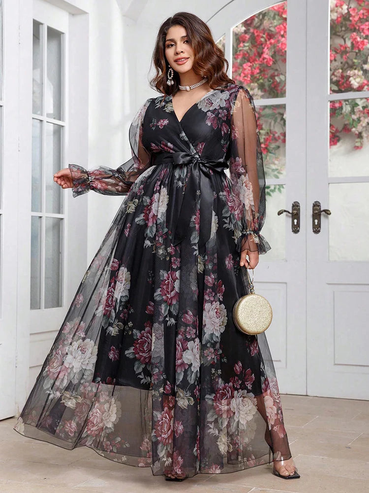2025 New Spring Women's Casual Elegant Long Sleeve Party Maxi Dresses Plus Size Floral Print V-Neck Mesh Patchwork Dress