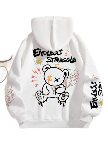 Men's sweatshirts endless struggle graffiti bear printed hoodie loose pullover sweatshirt casual