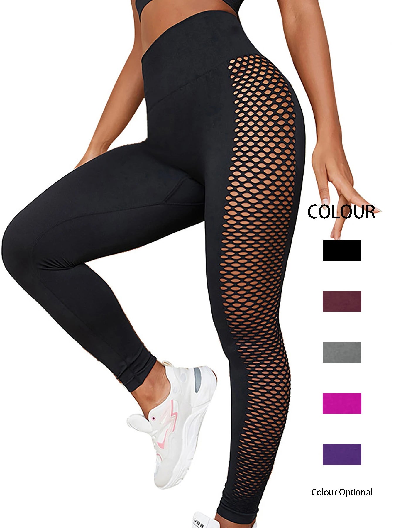 Solid Color Hollow out Sides Workout Leggings Stretchy High Waisted Push Up Yoga Gym Fitness Tights  Pants For Women