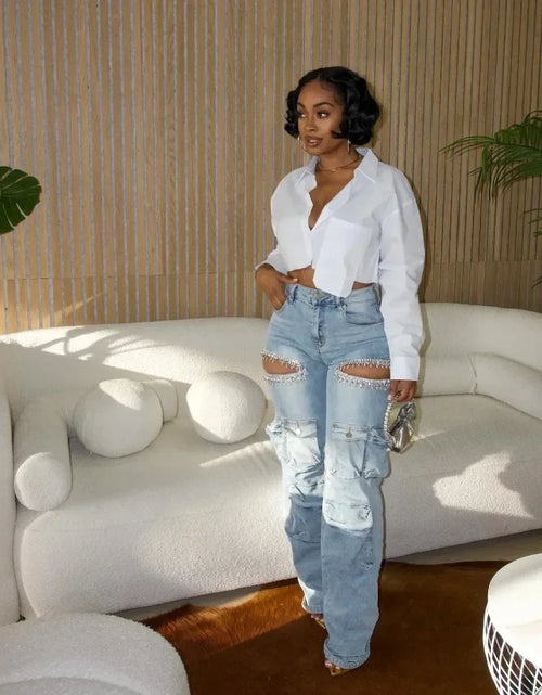 Load image into Gallery viewer, Women's Cutout High-Waist Wide-Leg Jeans with Diamond Crystal Hollow-Out Design Eye-Catching Fashionable Denim