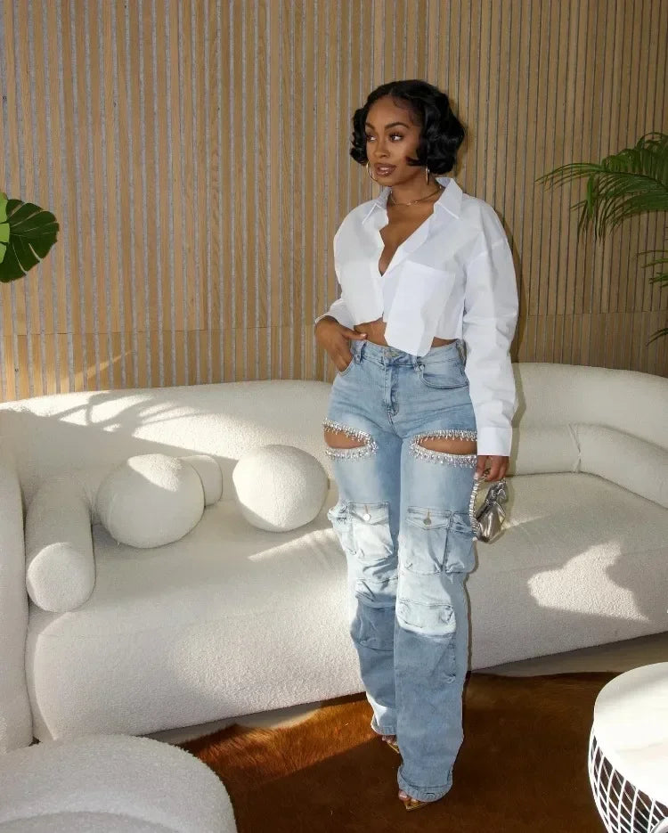 Women's Cutout High-Waist Wide-Leg Jeans with Diamond Crystal Hollow-Out Design Eye-Catching Fashionable Denim