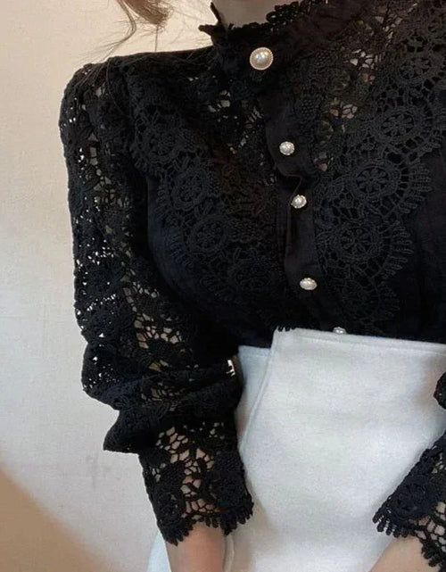 Load image into Gallery viewer, Women's Floral Blouse Spring Hollow out Lace Stand Collar Button up Loose Fit Casual Shirt in Apricot Black White Purple