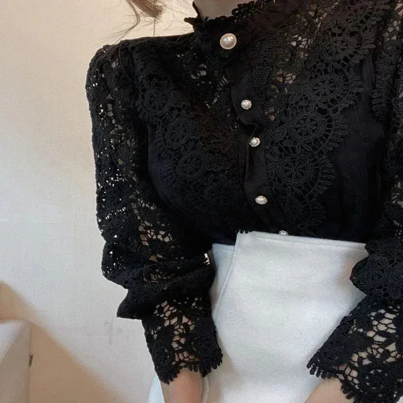 Women's Floral Blouse Spring Hollow out Lace Stand Collar Button up Loose Fit Casual Shirt in Apricot Black White Purple