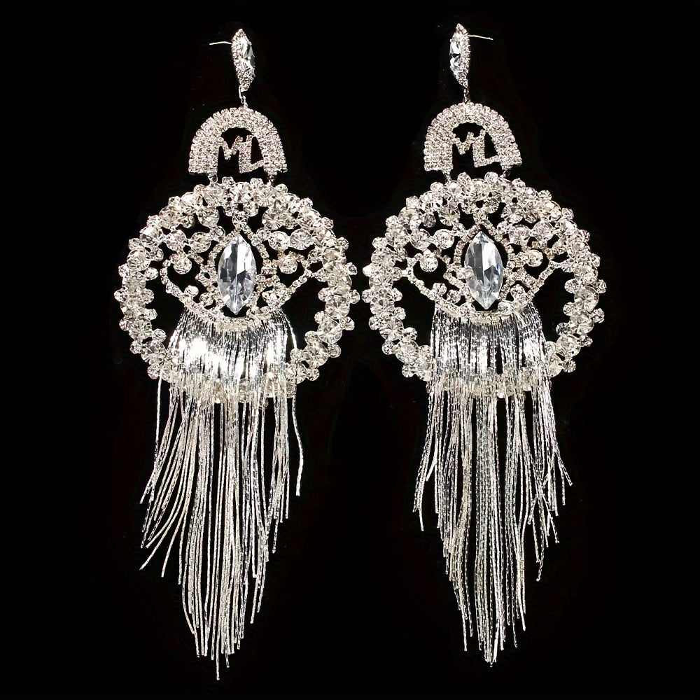 Elegant & Bold Oversized Tassel Drop Earrings - Glamorous Queen-Inspired Fashion Accessory with Sparkling Rhinestones, Stainless Steel Posts, Novelty Earrings for Parties and Everyday Glam