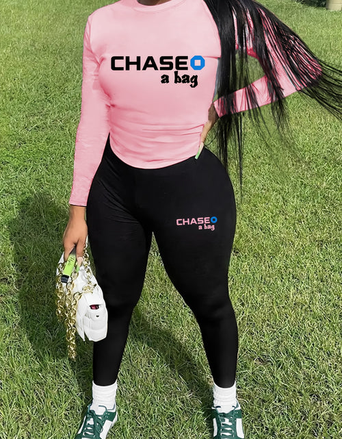Load image into Gallery viewer, Two-Piece Chic Outfit - Crew Neck Long Sleeve Tee and Slim Fit Pants Set with Letter Print - Womens Fashion Clothing for Everyday Wear