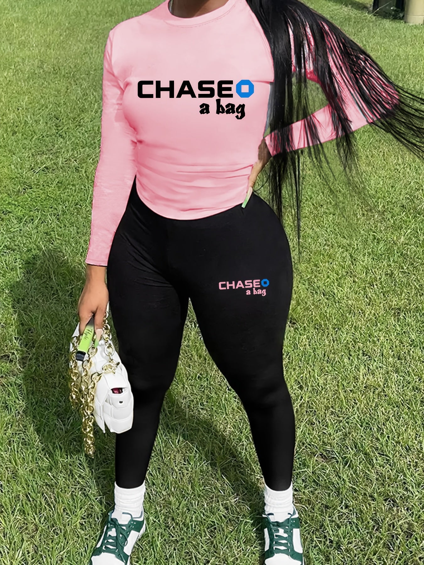 Two-Piece Chic Outfit - Crew Neck Long Sleeve Tee and Slim Fit Pants Set with Letter Print - Womens Fashion Clothing for Everyday Wear