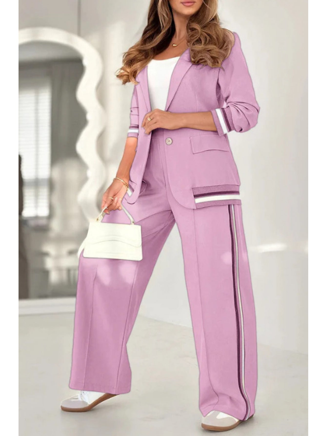 Women 2pcs Set Solid Color Ribbed Fashion Commuter Wear 100% Polyester Micro Elastic Chic Adult Clothing Eye Catching Patchwork