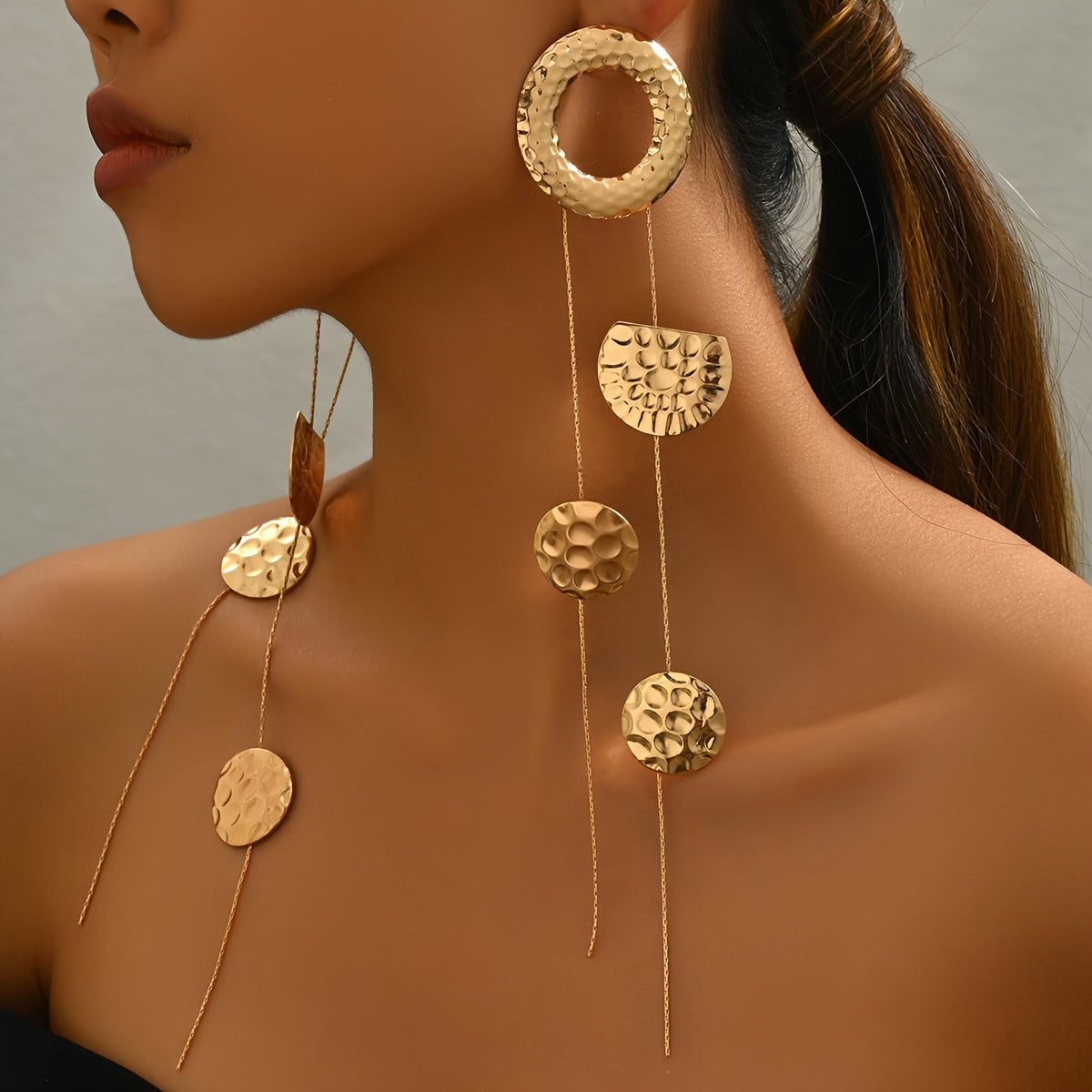 Pair Of Women's Fashionable Draped Earrings, Personalized Hammered Circle, Semi-circle, Geometric Tassel, Long Stud Earrings