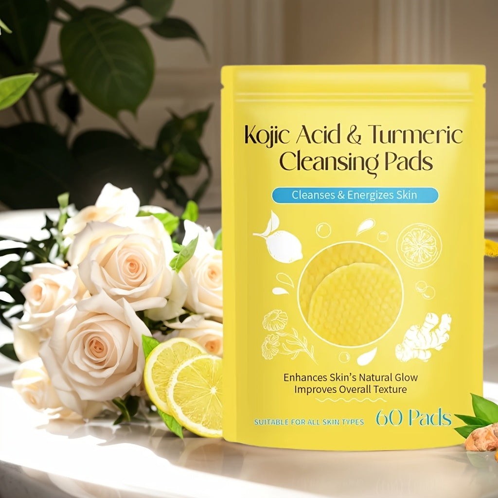 Kojic Acid & Turmeric Cleansing Pads: 60 Pads with Double-Sided Texture for All Light Beige Types - Gentle, Non-Irritating, And Infused with Curcumin, Chamomile, And Turmeric for A Natural Glow