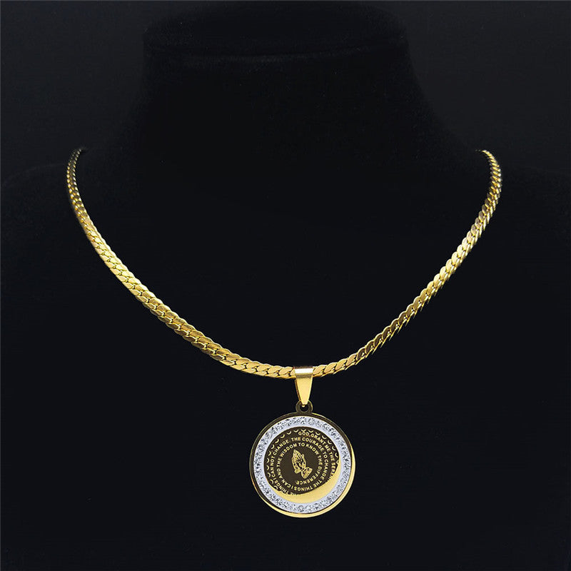 Elegant Golden-Tone Stainless Steel Serenity Prayer Hand Pendant Necklace with Crystal Accents - Hip Hop/Vintage Style Religious Jewelry for Men & Women, Perfect for Daily Wear