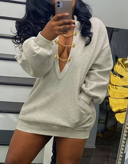 Load image into Gallery viewer, Women'S Sexy V-Neck Sweatshirt, Polyester Knit Fabric, Solid Color, Regular Length, with Metal Chain Detail, for Spring/Fall