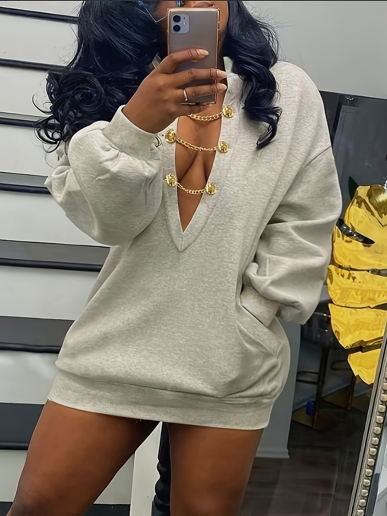 Women'S Sexy V-Neck Sweatshirt, Polyester Knit Fabric, Solid Color, Regular Length, with Metal Chain Detail, for Spring/Fall