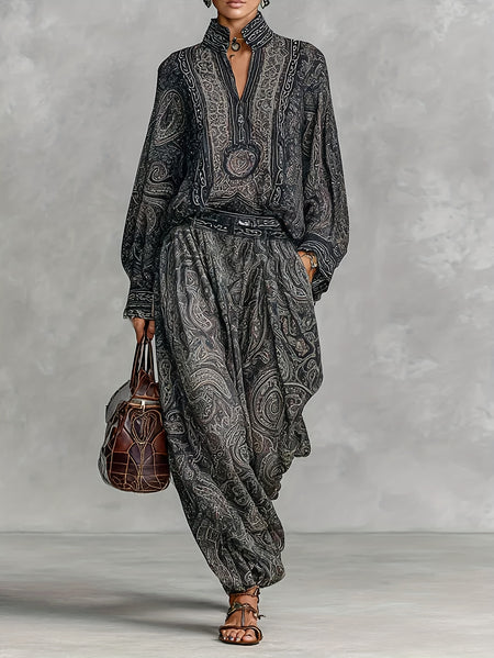 Women Elegant Vintage Paisley Print Chiffon Long-Sleeve Top with a Stand Collar, Paired with Loose-Fitting Wide-Leg Pants for Casual Everyday Wear