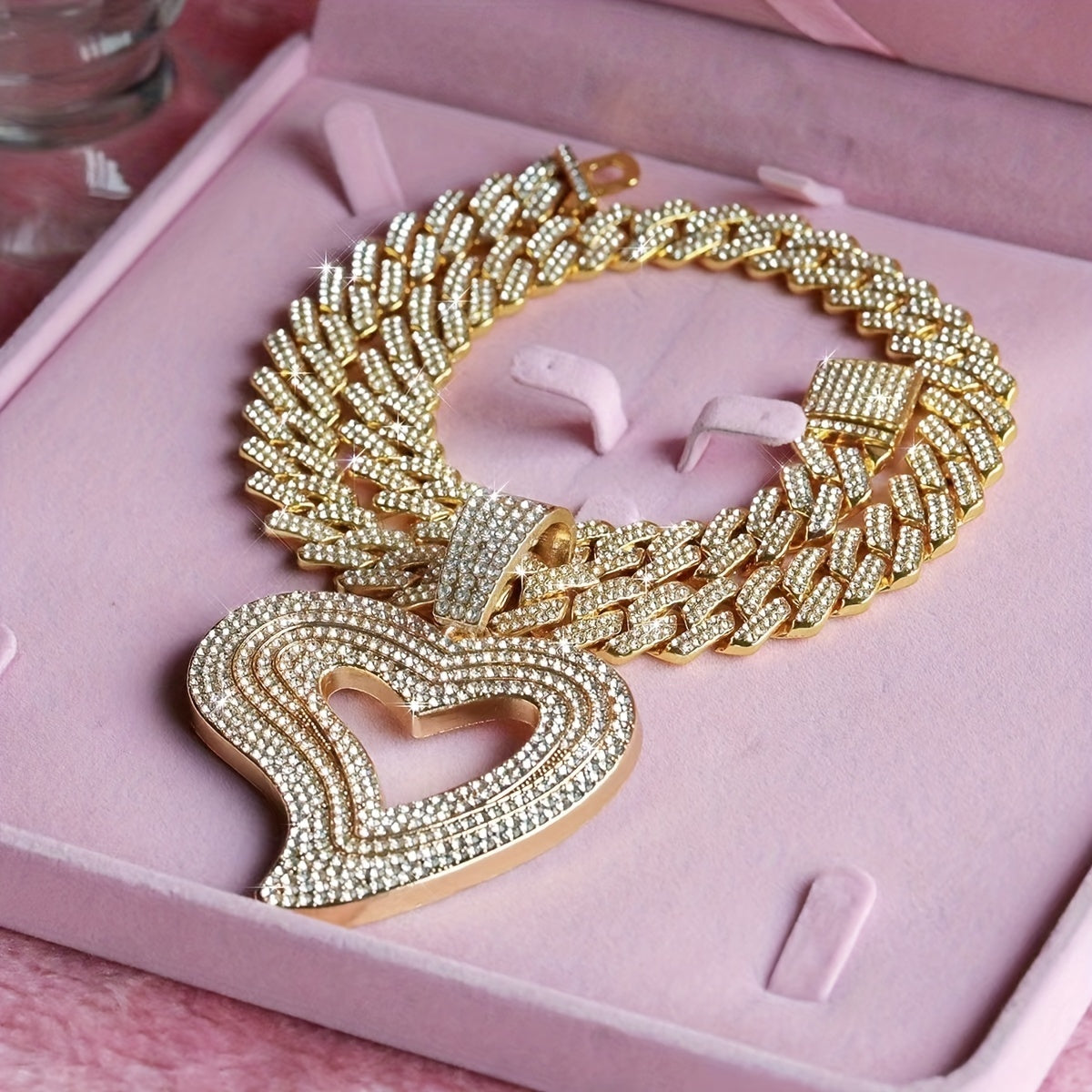 Hip Hop Style Necklaces Bling Bling Y2K Style Heart Pendant Necklace Lover 's Cuban Chain Inlaid Rhinestone Jewelry