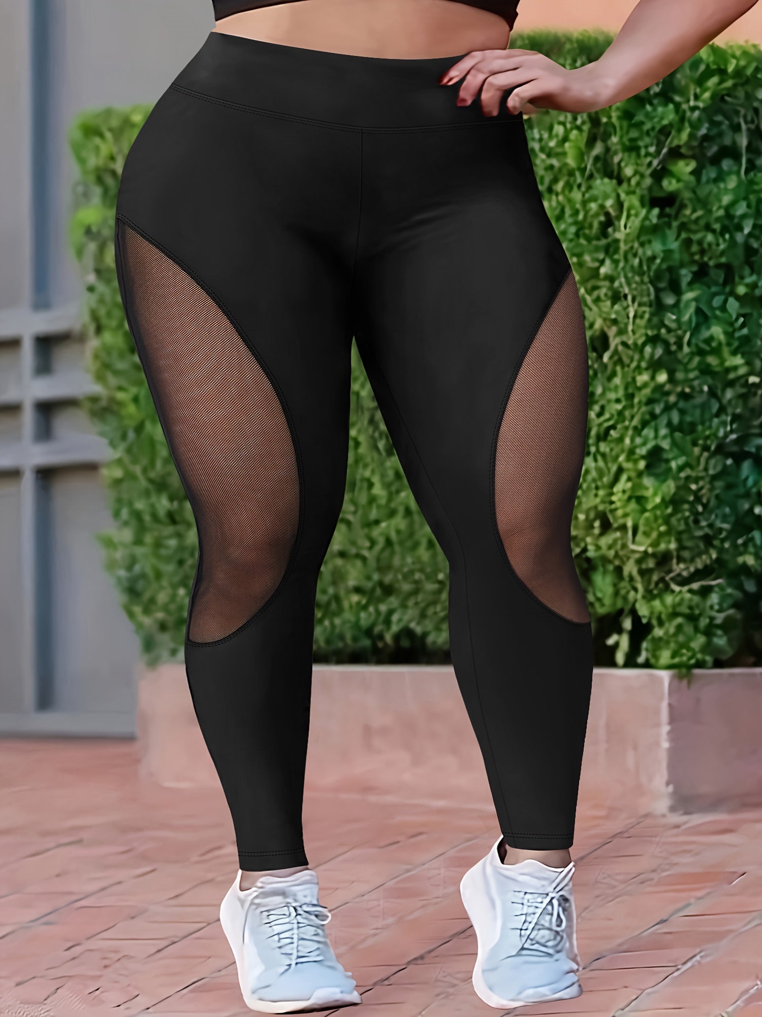 Plus Size High-Waisted Leggings with Breathable Stretch Fabric, Mesh Panels, Athletic Tights