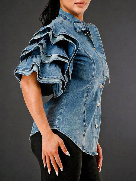 Women Denim Blouse - Bow Neck with Tiered Ruffle Sleeves | Casual Chic Fit for Weekend Brunch, Coffee Dates & Shopping Trips | Versatile Styling for Everyday Looks, Gatherings & Errands