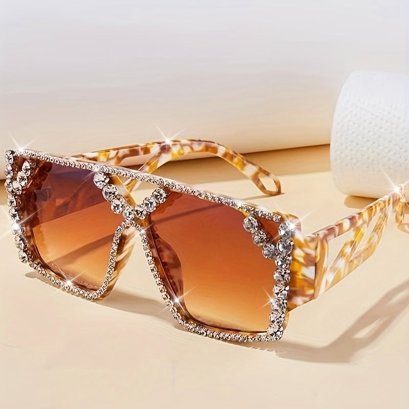 Large Rhinestone Adorned Hollow Geometric Mirror Sunglasses -