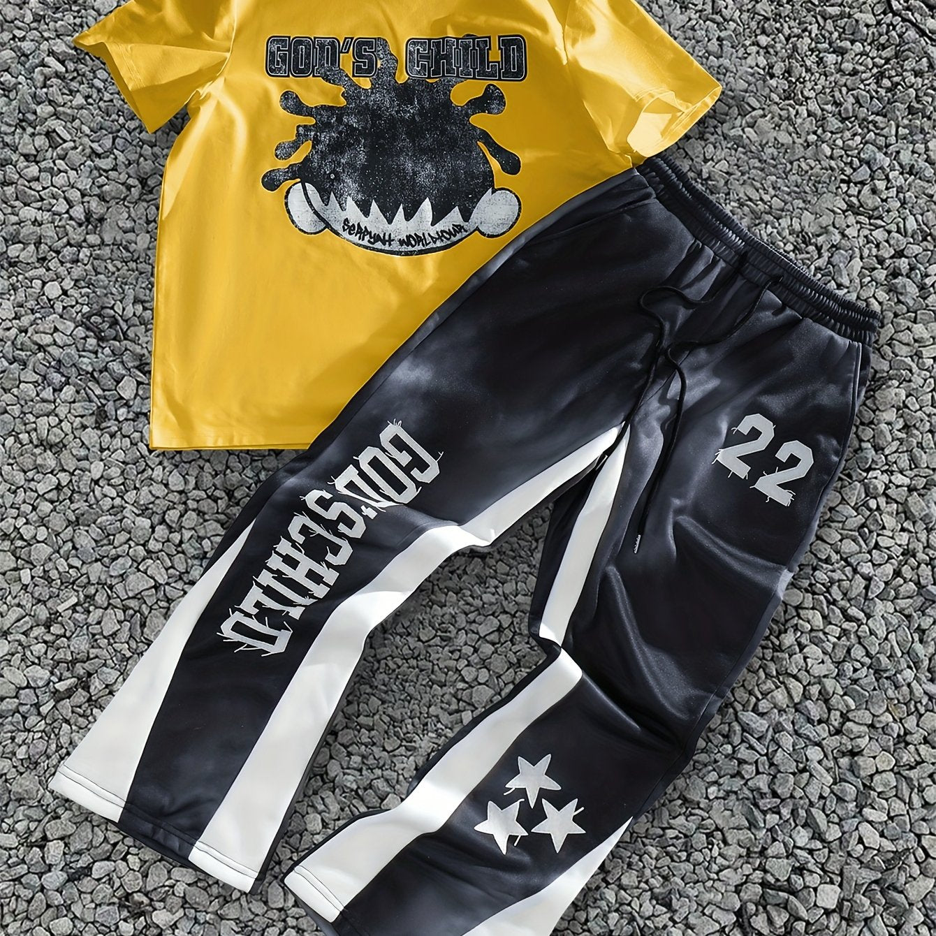 Spring-Summer Men's Printed Two-Piece Set, Street Head Print, Short Sleeve T-Shirt + Drawstring Sweatpants Casual Outfit