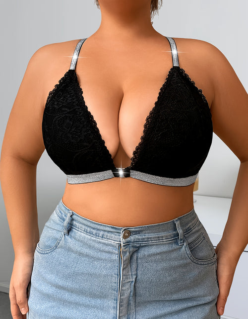 Load image into Gallery viewer, Women Plus Size Lace Bra - Luxurious Black with Floral Pattern, Wide Strapless V-Neck, Sparkling Silver Accents, Comfortable Fabric,