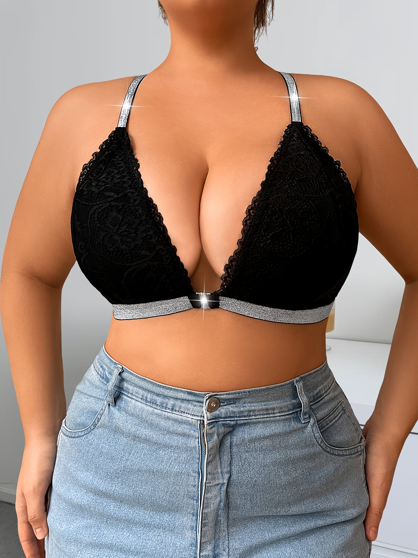 Women Plus Size Lace Bra - Luxurious Black with Floral Pattern, Wide Strapless V-Neck, Sparkling Silver Accents, Comfortable Fabric,