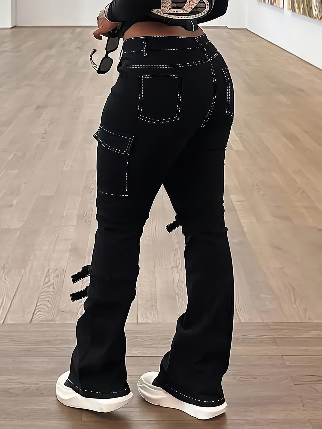 Plus Size Women American Retro Street Jeans - Solid Black Detachable Lace-Up Flap Side Pockets, Bootcut High Waist, Mature Comfortable Fashion Outfit